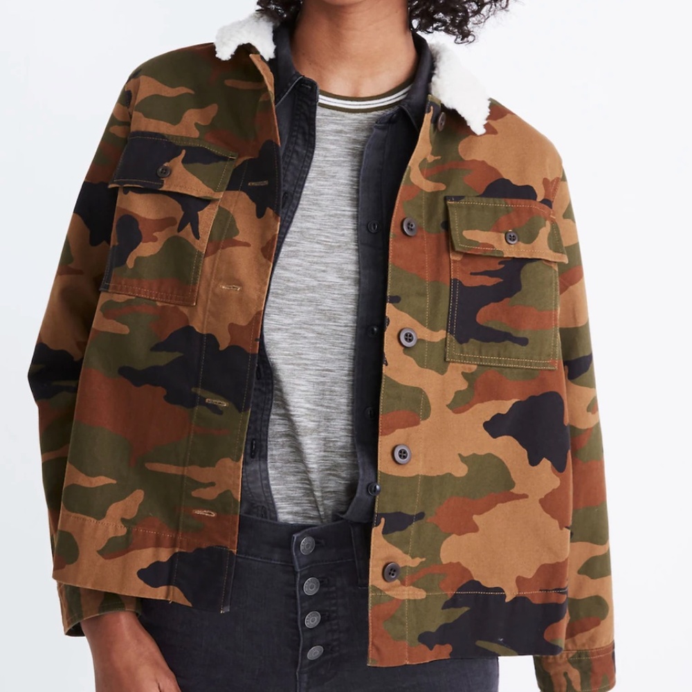 Madewell Northward Cropped Army Jacket Camouflage Sherpa Collar Size S (2-4)